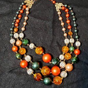 Mid-Century Vintage Triple-Strand Peach, Green, Multi Baroque Choker Necklace